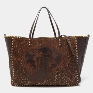 Pre Owned Valentino Dark Brown Primitive Animal Elephant Leather Large Rockstud Tote 