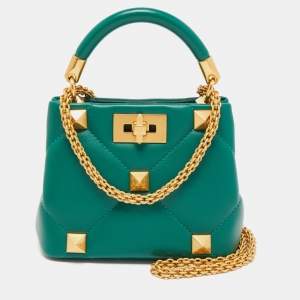 Valentino Green Leather Roman Stud Top Handle Bag