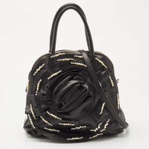 Pre Owned Valentino Black Leather Petale Rose Pearl Embellished Satchel