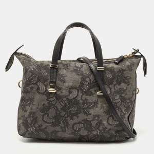 Pre Owned Valentino Black/Grey Lace Print Coated Canvas and Leather Logo Satchel