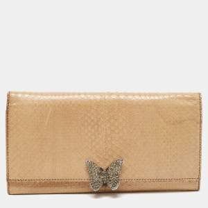 Pre Owned Valentino Beige Watersnake Leather Butterfly Embellished Continental Wallet