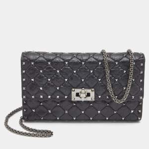 Valentino Black Quilted Crinkled Leather Rockstud Spike Chain Clutch 