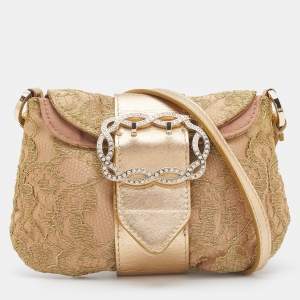 Valentino Gold Lace and Leather Crystals Embellished Flap Clutch Bag