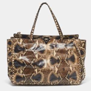 Pre Owned Valentino Brown/Beige Python Rockstud Trapeze Shopper Tote