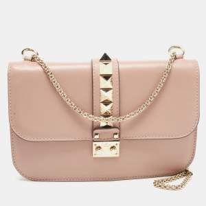 Pre Owned Valentino Pink Leather Medium Rockstud Glam Lock Flap Bag