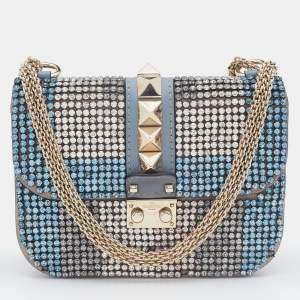 Pre Owned Valentino Blue Leather Small Crystal Embellished Glam Lock Rockstud Shoulder Bag