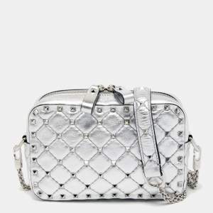 Pre Owned Valentino Silver Quilted Leather Rockstud Spike Camera Crossbody Bag