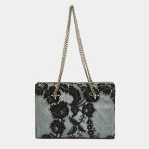 Pre Owned Valentino Blue/Black Lace and Lizard Frame Chain Shoulder Bag