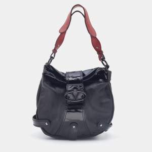 Pre Owned Valentino Black Patent Leather and Coated Canvas Catch Hobo