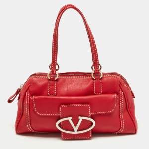 Pre Owned Valentino Red Leather Front Pocket Satchel