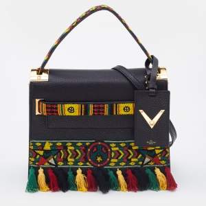 Pre Owned Valentino Black Leather Small Beads Embellished Rockstud Rolling Top Handle Bag