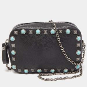 Pre Owned Valentino Black Leather Mini Rolling Rockstud Camera Chain Bag