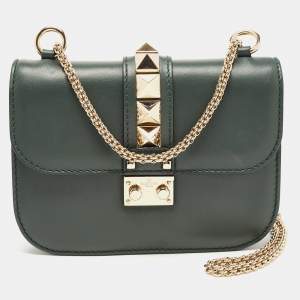 Pre Owned Valentino Green Leather Small Rockstud Glam Lock Flap Bag