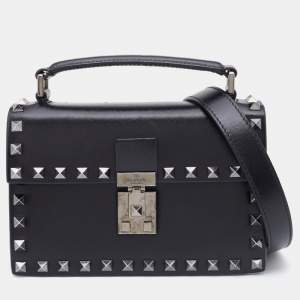 Valentino Black Leather Flap Rockstud Top Handle Bag
