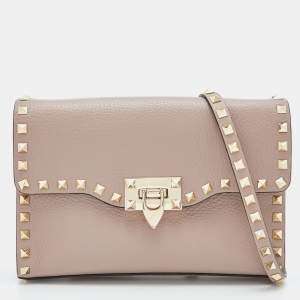Pre Owned Valentino Pink Leather Rockstud Flap Crossbody Bag