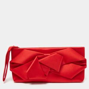 Pre Owned Valentino Red Satin Pleated Bow Clutch