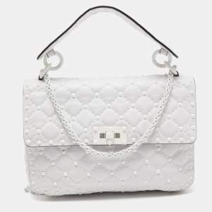 Valentino White Leather Rockstud Spike Top Handle Bag
