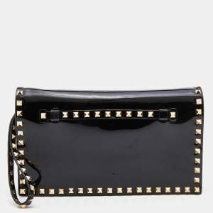 Pre Owned Valentino Black Patent Leather Rockstud Wristlet Clutch