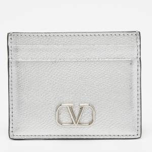 Pre Owned Valentino Silver Leather V-Logo Card Holder