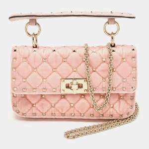 Valentino Pink Quilted Velvet Small Rockstud Spike Top Handle Bag