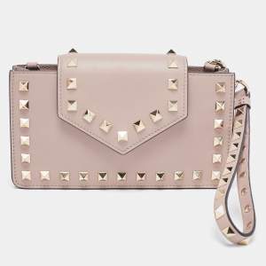 Pre Owned Valentino Beige Leather Rockstud Phone Wristlet Pouch