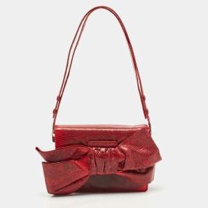 Pre Owned Valentino Red Lizard Bow Flap Shoulder Bag