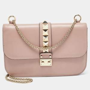 Pre Owned Valentino Beige Leather Large Glam Lock Chain Shoulder Bag