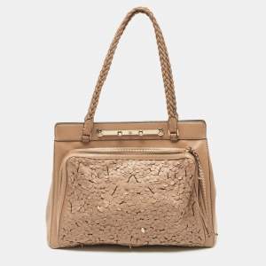Pre Owned Valentino Beige Leather Floral Appliqué Demetra Tote