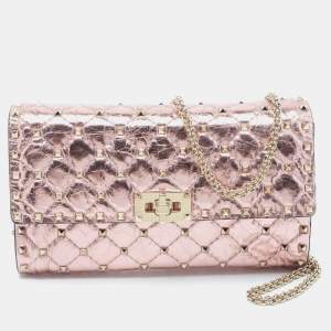 Pre Owned Valentino Metallic Rose Quilted Leather Rockstud Spike Chain Clutch 