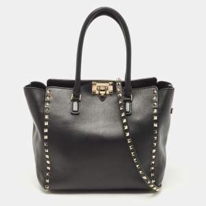 Valentino Black Leather Rockstud Trapeze Tote