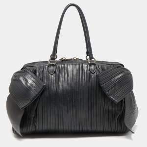 Pre Owned Valentino Black Pleated Leather Side Bow Satchel