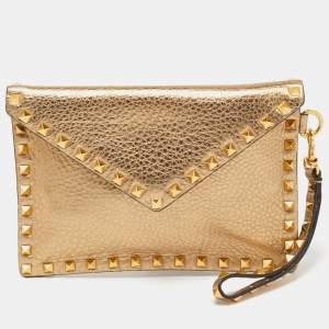 Valentino Gold Leather Rockstud Envelope Wristlet Clutch