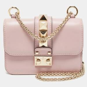 Pre Owned Valentino Light Pink Leather Mini Rockstud Glam Lock Shoulder Bag