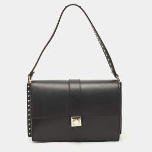 Pre Owned Valentino Black Leather Studded Flap Shoulder Bag