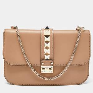 Pre Owned Valentino Beige Leather Medium Rockstud Glam Lock Flap Bag
