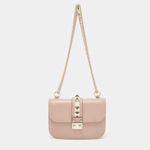 Valentino Beige Leather Small Rockstud Glam Lock Flap Bag