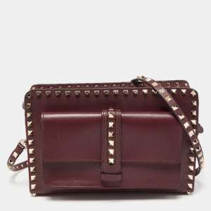 Valentino Burgundy Leather Rockstud Rectangular Shoulder Bag