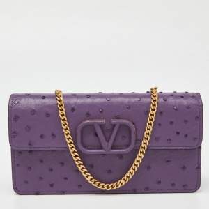 Pre Owned Valentino Purple Ostrich Leather VSling Wallet on Chain