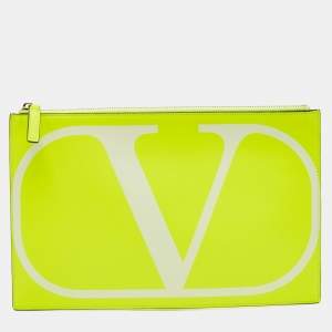 Pre Owned  Valentino Neon Green Leather VLogo Flat Pouch