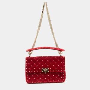 Pre Owned Valentino Red Quilted Velvet Medium Rockstud Spike Chain Bag