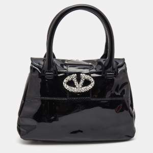 Pre Owned Valentino Black Patent Leather Crystals Catch Satchel