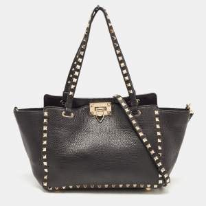 Valentino Black Leather Small Rockstud Trapeze Tote