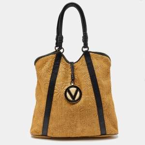 Pre Owned Valentino Beige/Black Raffia and Leather Tote