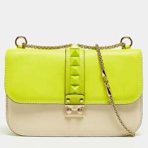 Pre Owned Valentino Neon Yellow/Cream Leather Medium Rockstud Glam Lock Flap Bag