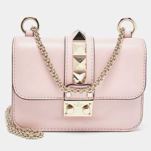 Pre Owned Valentino Light Pink Leather Mini Rockstud Glam Lock Flap Bag