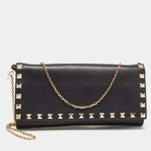 Pre Owned Valentino Black Leather Rockstud Wallet on Chain