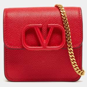 Valentino Red Grained Leather VLogo Compact Wallet On Chain