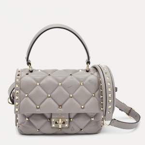Pre Owned Valentino Grey Quilted Leather Medium Candystud Top Handle Bag