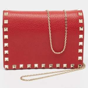 Valentino Red Leather Rockstud Chain Clutch