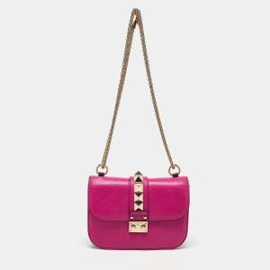 Pre Owned Valentino Pink Leather Small Rockstud Glam Lock Flap Bag